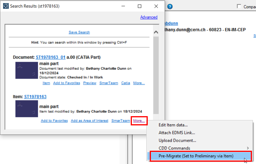 Access to Pre-migrate tool directly from an item search result