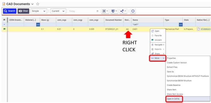 Open in CATIA command from the search grid