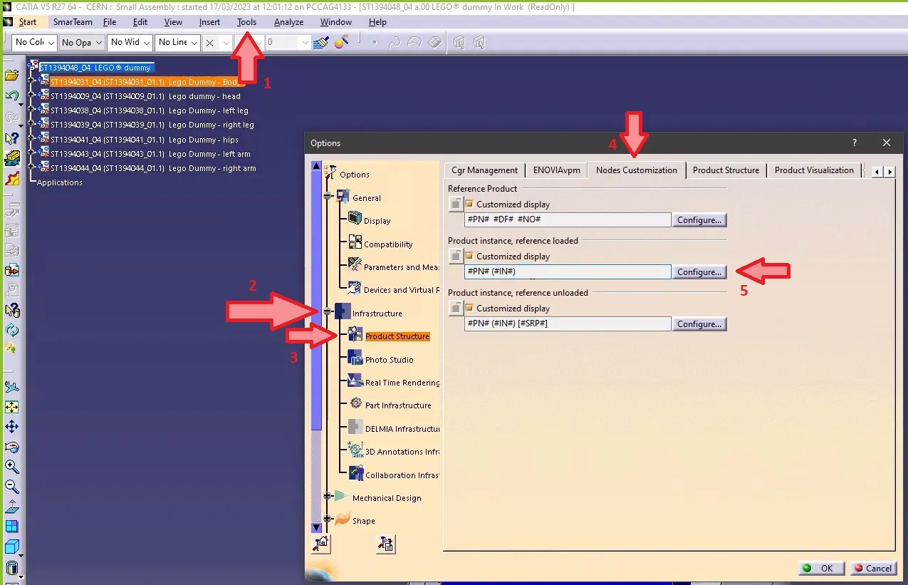 How to make the definition visible in CATIA tree when working with files not stored in PLM?