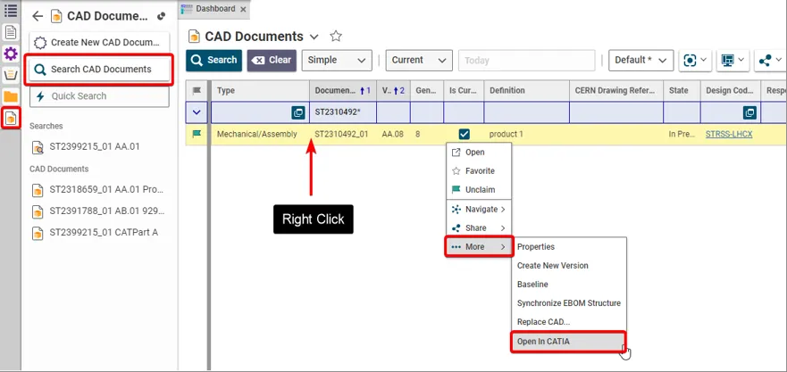 Open in CATIA command from the search grid
