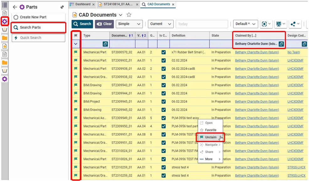 How to retrieve and unclaim all my Parts/Documents in one operation?